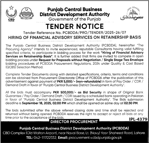 District Development Authority Lahore Tender Notice